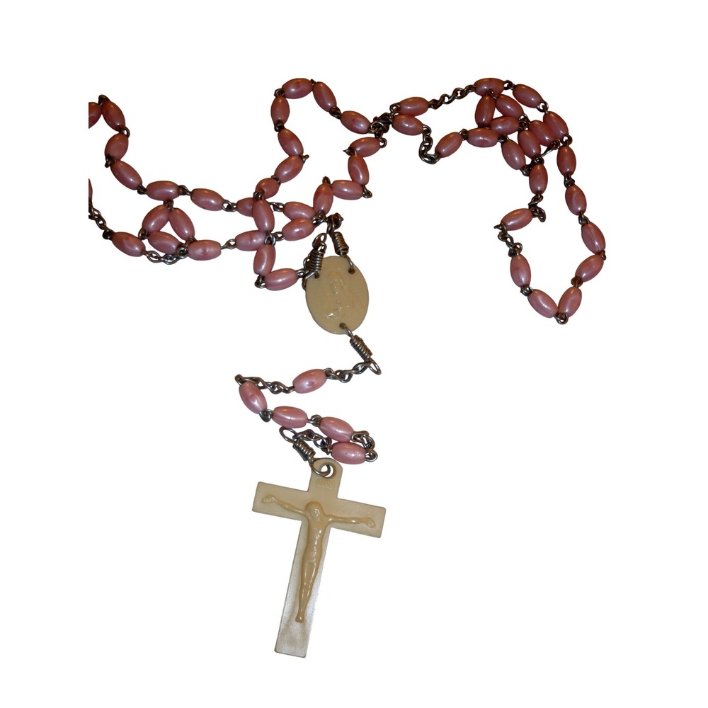 Vintage Pink Faux Pearl Bead Rosary Cream Plastic Crucifix Religious Necklace